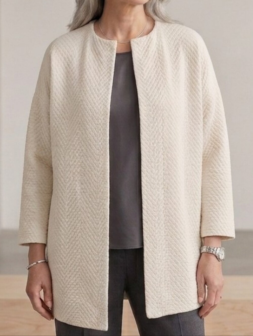 Eileen Fisher Cream Quilted Silk Open Front Asymmetrical Cardigan Jacket XS